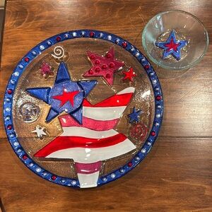 NIB Silvestri Lori Siebert Stars Stripes Plate Platter Bowl Set Hand-Blown Glass